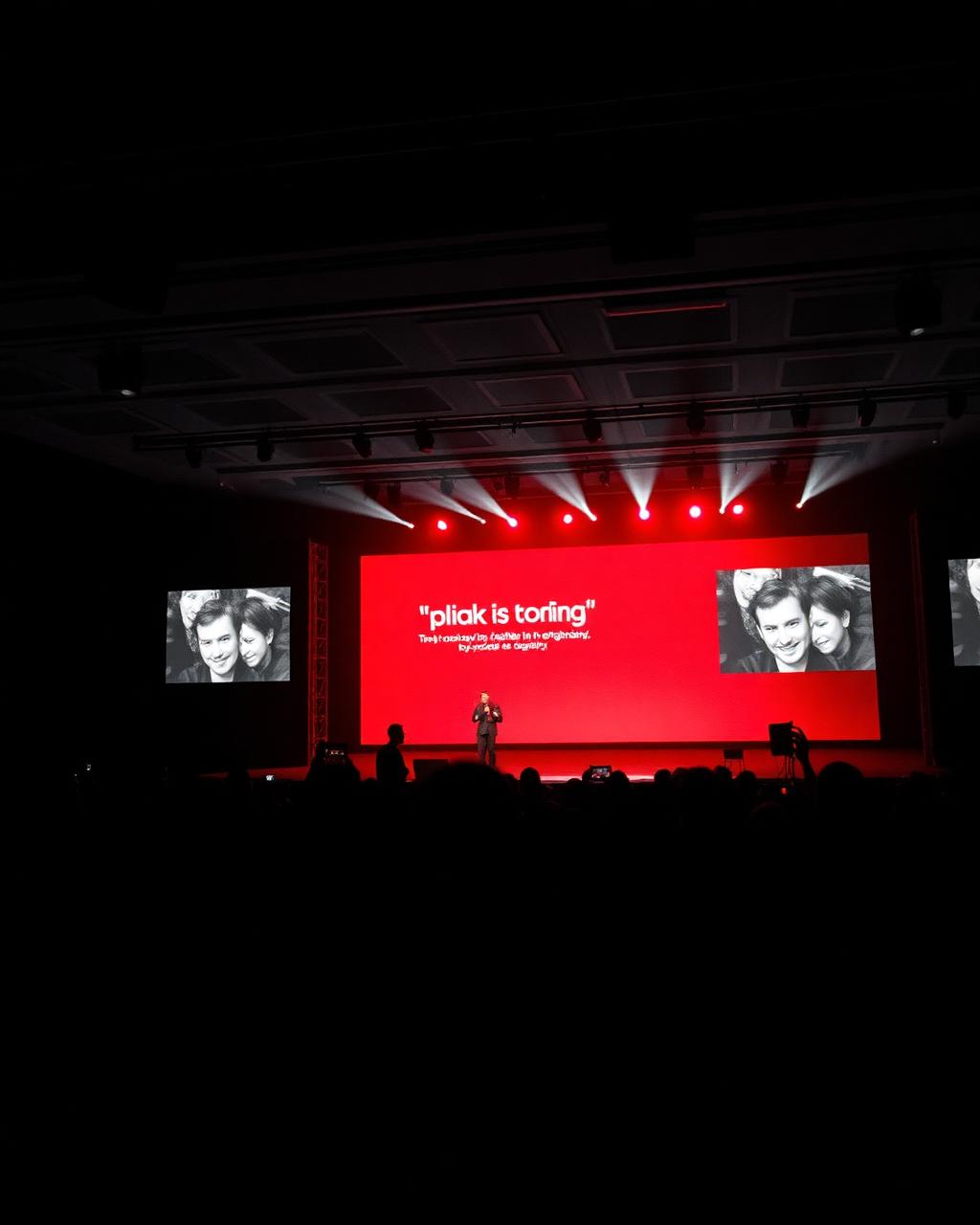 Frame de evento de lançamento digital com telas e plateia