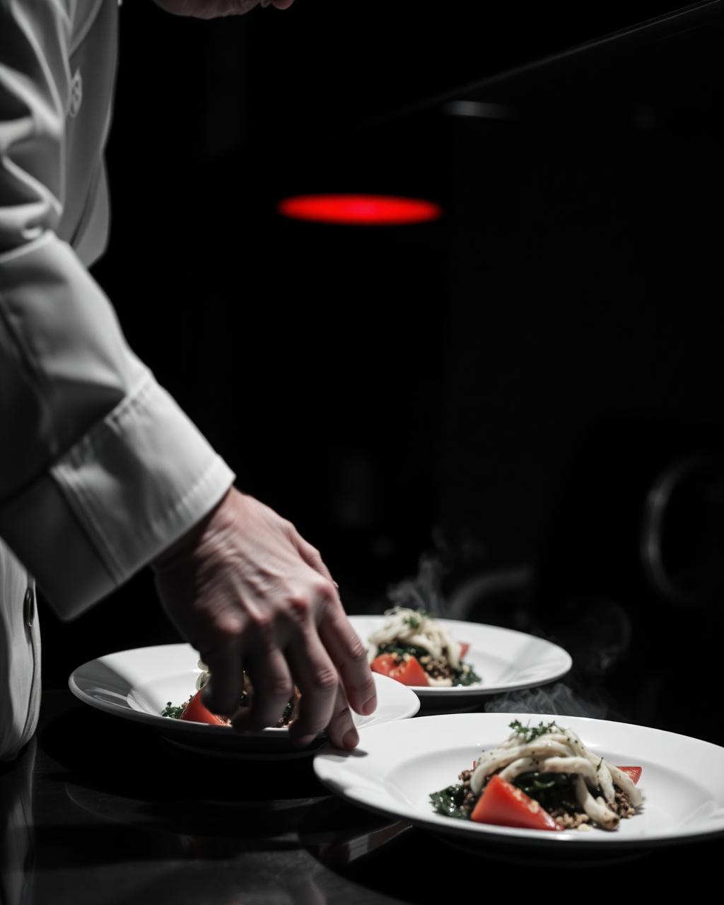 Frame de vídeo publicitário de gastronomia com chef finalizando pratos